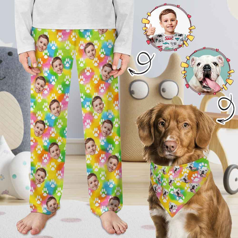 Custom Kid's Pajama Pants Personalized Face Dog Paw Pajama Pants&Dog Bandana