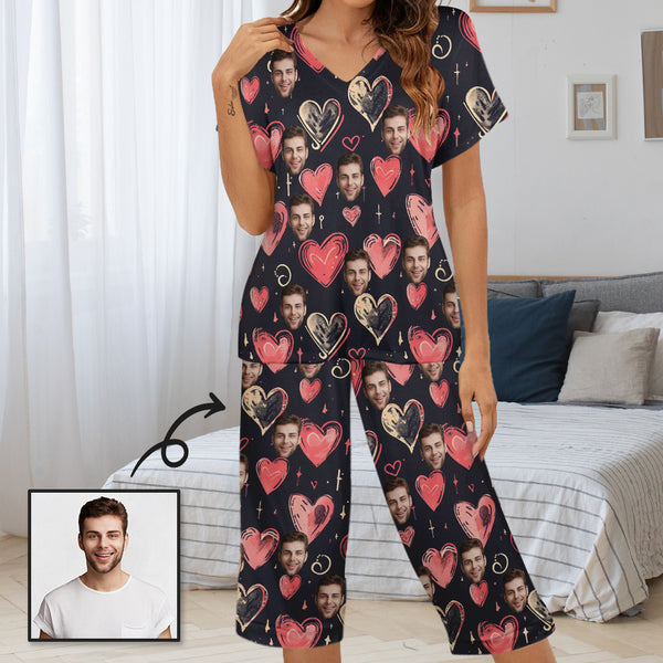 Personalized Face Women's Pajama Set Custom Face Pink Heart Black Background Women's V-Neck Short Sleeve&Capri Pants Pajama Sets