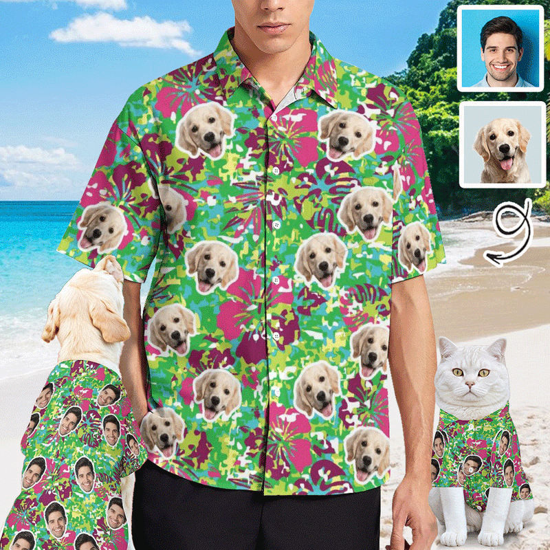 Custom Face Men's Shirt&Pet Shirt Personalized Face Green Hawaiian Shirt&Pet Shirt For Pet Lovers