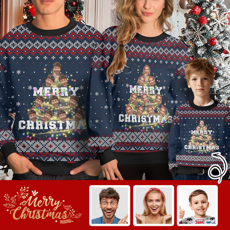 Custom Crewneck Thick Sweater For Adults&Kids Personalized Christmas Tree Family Ugly Sweater