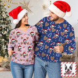 Custom Face Women's Pink V Neck Sweater&Men's Blue Crew Neck Sweater Christmas Sweaters