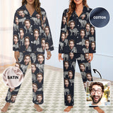 Custom Face Cotton&Satin Women's Pajama Set Personalized Face Tiger Dark Blue Long Sleeve Set