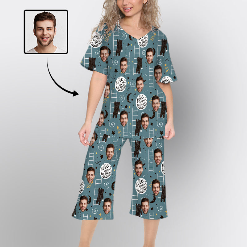 Custom Husband Face Pajamas Set Loungewear Personalized V Neck Women's Cropped Pants Loungewear Set