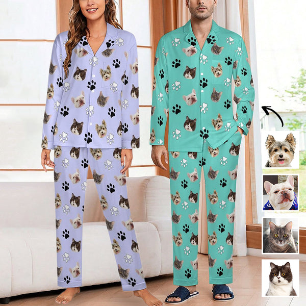 Custom Face Long Sleeve Pajamas Set Personalized Pet Paw Sleepwear For Men&Women