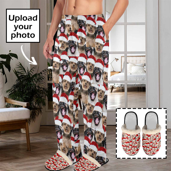 Coral Fleece Pajama Pants&Cotton Slippers Custom Face Christmas Red Hat Warm and Comfortable Sleepwear Long Pajama Pants For Men Women Kids