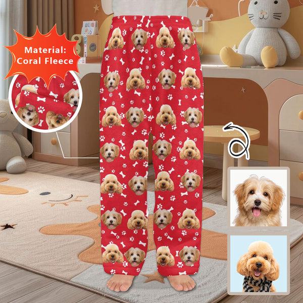 Coral Fleece Pajama Pants For Kids Personalized Dog Face&Bones 6 Colors Pants