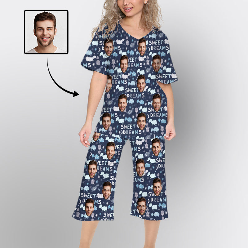 Custom Face Pajamas Set Loungewear Personalized V Neck Women's Cropped Pants Loungewear Set