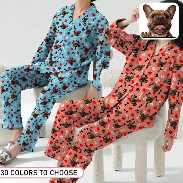 Custom Pet Face Long Sleeve Pajamas Personalized Couple Matching Face Bones Background Pajama Set