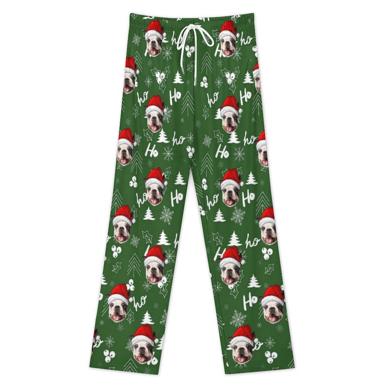 Personalized Men&Women Pajama Pants&Christmas Hat Custom Face Ho Green Pants For Christmas Party