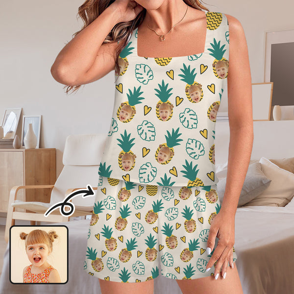 Custom Women's Sleeveless Square Neck Pajama Sets Personalized Pineapple Kid's Face Pajama Set