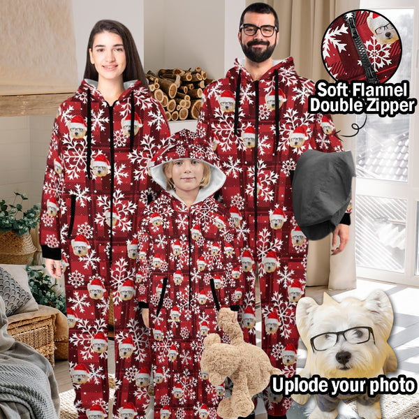 Custom Flannel Fleece Face Christmas Red Onesie Personalized Christmas Family Matching Onesie Loungewear
