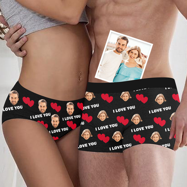 Custom Face Couple Matching Underwear Valentine's Day Gift Personalized Mens Boxer Briefs Womens Thong With Love Heart