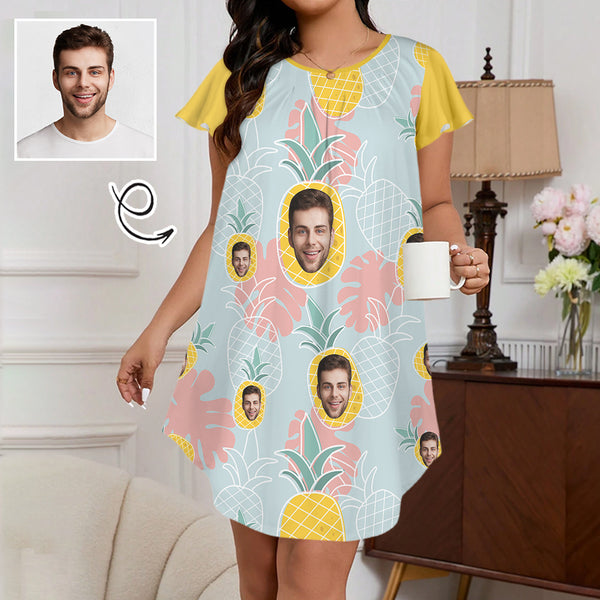 Custom Women's Flared Sleeves Pleated Pocket Nightdress Personalized Pineapple Face Nigntgown Pajamas