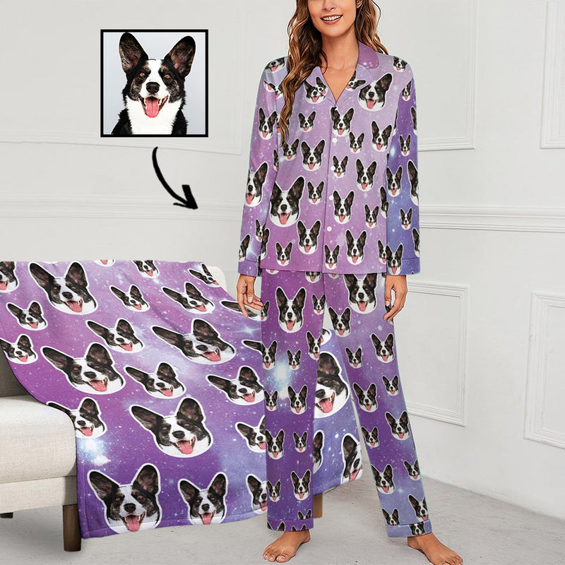 Custom Women's Pajamas Set&Blanket Personalized Purple Starry Sky Long Sleeved Pajamas