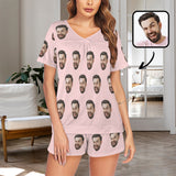 Custom Face Pink Short Sleeve Pajamas Set Personalized V Neck Sleepwear For Women