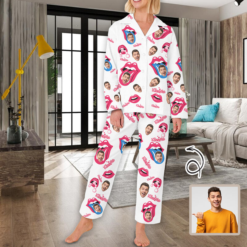 Personalized Women's Long Pajama Set Custom Boyfriend Face Pajamas Kiss Me Rosy Lips Funny Mouth Sleepwear