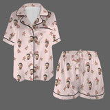 Personalized Women's Silk Short Sleeve Pajama Sets Custom Face Little Flowers Lignt Pink Satin Pajamas Nightwear