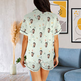 Personalized Women's Silk Short Sleeve Pajama Sets Custom Face Little Flowers Lignt Green Satin Pajamas Nightwear