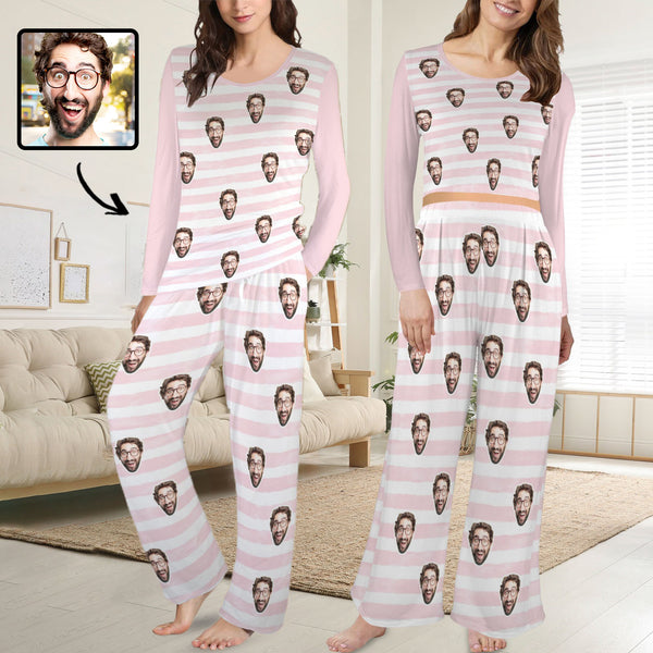 Custom Face Long Pajama Sets Personalized Women's Round Neck Pocket Pink Stripe Long Pajama Sets