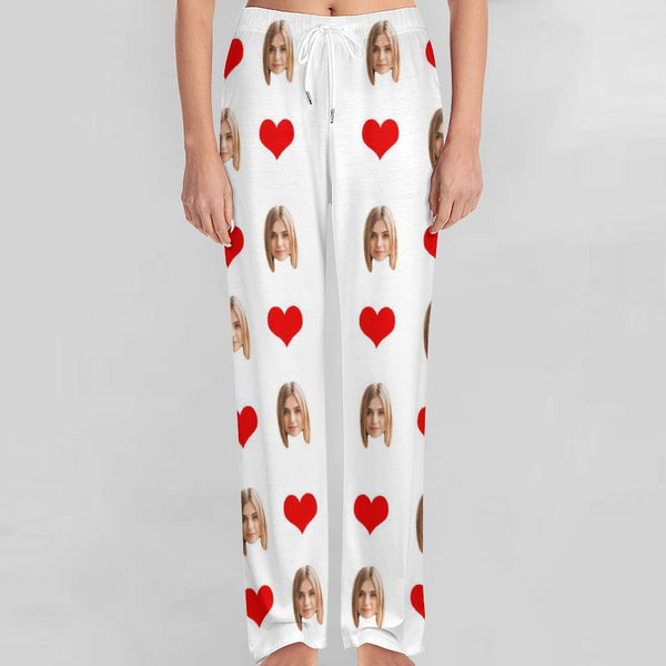 Unisex Pajama Pants Custom Face Red Heart White Pajama Pants For Men&Women Personalized Any Photos Pajama Pants