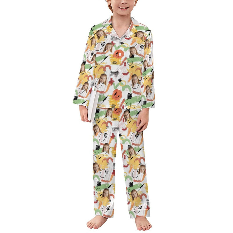 Custom Face Pajamas Set Personalized Graffiti Family Matching Long Sleeve Button Pajama Set