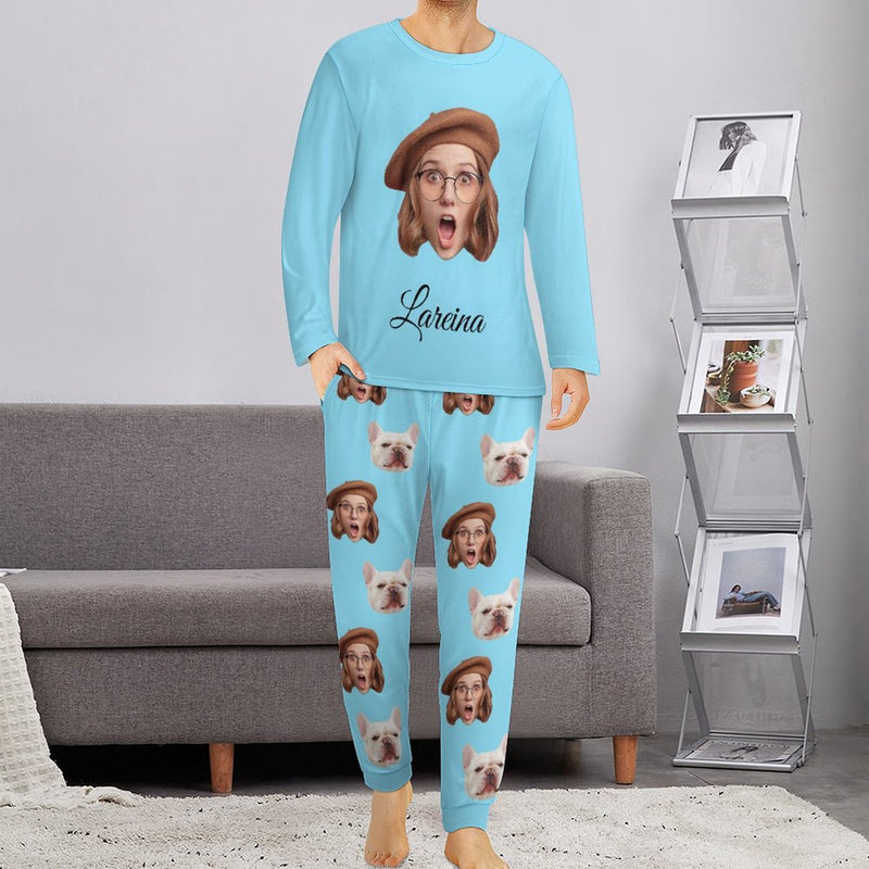 Custom Face Crew Neck Long Sleeve Pajama Sets Personalized Face&Name Sleepwear For Family