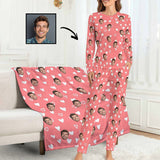 Custom Face Pajamas Set&Blanket Personalized Women's Crew Neck Face Love Heart Long Sleeve Pajamas