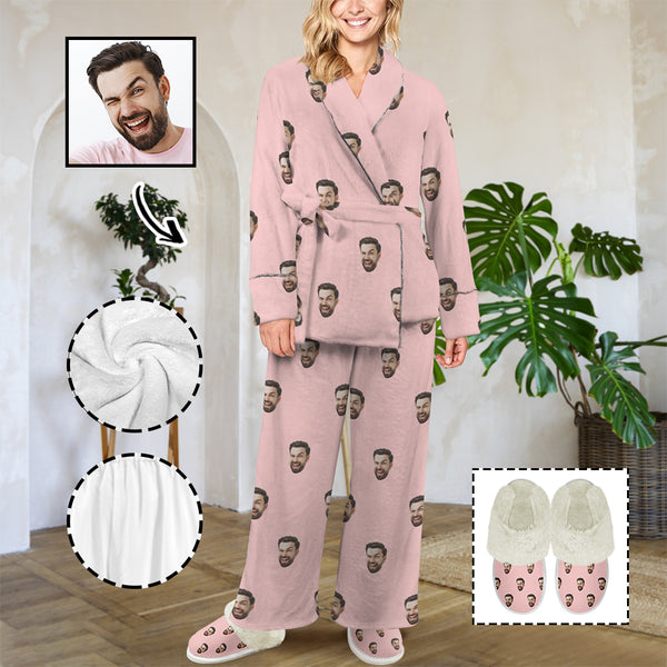 Custom Face Pink Cotton Material&Plush Material Women's Tie Waist Pocket Long Pajama Sets&Slippers