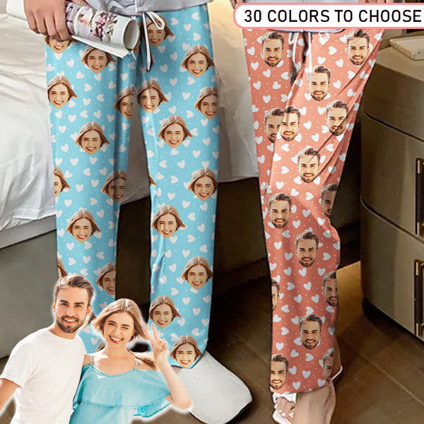Custom Couple Unisex Pajama Pants Personalized Face&Heart Up to 30 Colors Pajama Pants