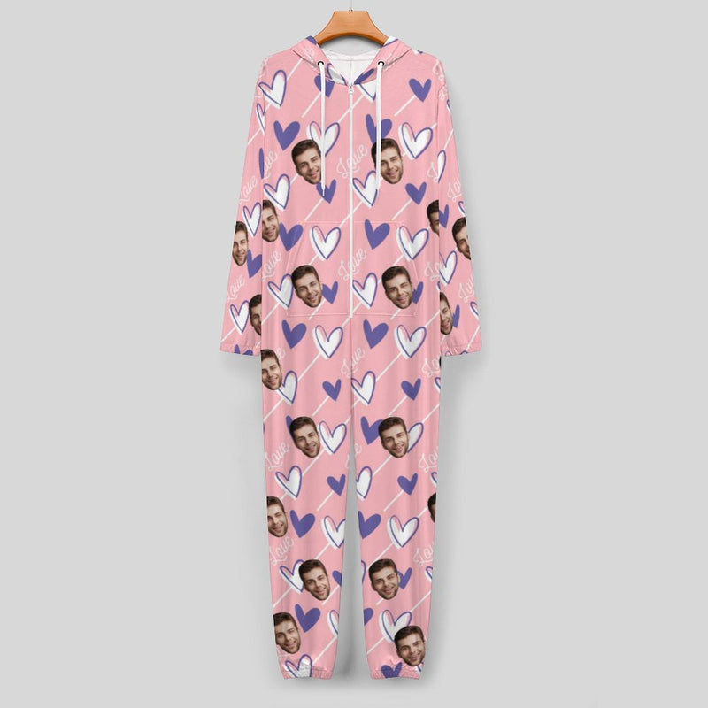 Custom Face Couple Onesie Jumpsuit Personalized Pink&White Unisex One Piece Pajama Loungewear