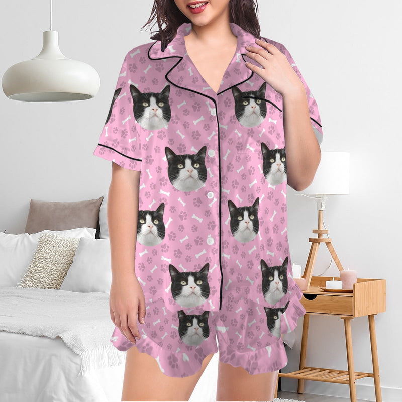 Custom Pet Face Satin Pajamas Set Dog&Bone Women's V-Neck Short Pajama Set