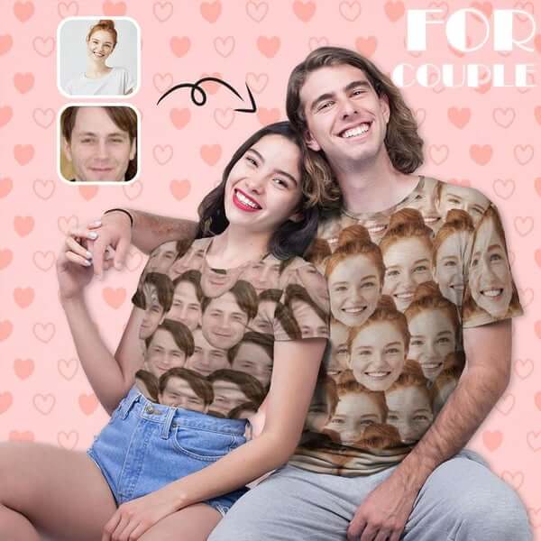 Custom Face Seamless Photo Happiness Matching Couple All Over Print T Shirts Made for You Custom T-shirt