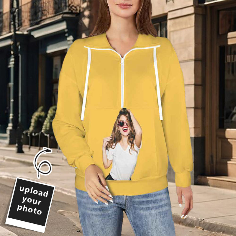 Custom Photo Yellow Sweatshirt Hoodie Personalized Face Women's Lapel Half Zip Pullover Drawstring Sweatshirts