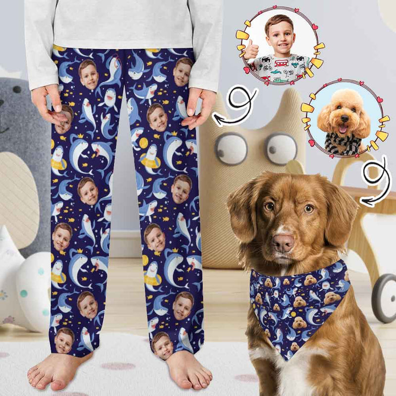 Custom Kid's Pajama Pants Personalized Face Little Shark Pajama Pants&Dog Bandana