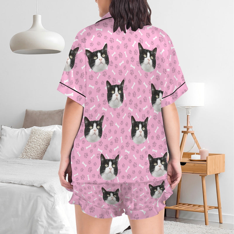 Custom Pet Face Satin Pajamas Set Dog&Bone Women's V-Neck Short Pajama Set