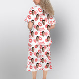 Custom Face Pajamas Set Loungewear Personalized V Neck Women's Cropped Pants Red Lips Loungewear Set