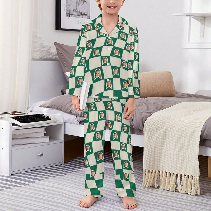 Custom Face Pajamas Set Personalized Green Family Matching Long Sleeve Button Pajama Set