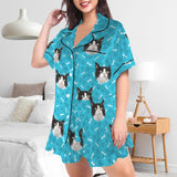 Custom Pet Face Satin Pajamas Set Dog&Bone Women's V-Neck Short Pajama Set