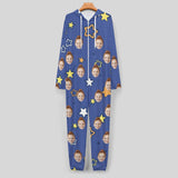 Custom Face Couple Onesie Jumpsuit Personalized Blue Unisex One Piece Pajama Loungewear