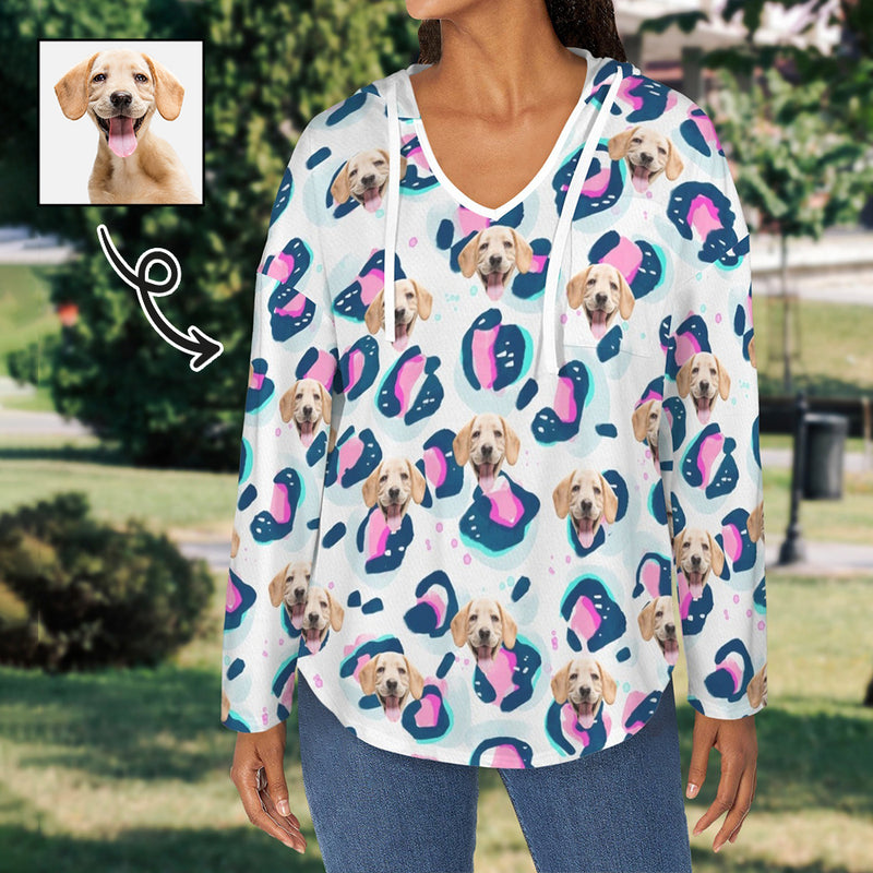 Custom Women's V Neck Long Sleeve Drawstring Pocket Pullover Hoodies Personalized Face Pink&Blue Spot V Neck Sweatshirt