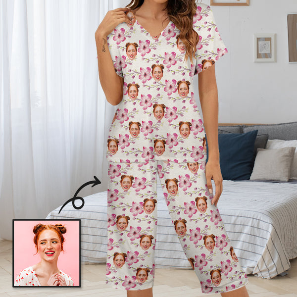 Personalized Face Women's Pajama Set Custom Face Pink Flowers Women's V-Neck Short Sleeve&Capri Pants Pajama Sets