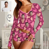 Custom Face Women's Long Sleeves&Shorts Button Pajama Sets Personalized Hearts Rose Red Face Sleepwear