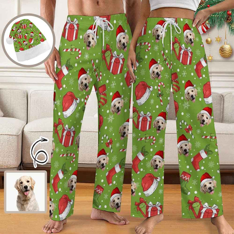 Personalized Men&Women Pajama Pants&Christmas Hat Custom Light Green Pants For Christmas Party