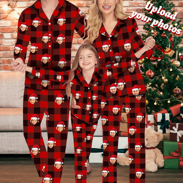 Custom Face Family Christmas Hat Red Black Stripe Long Pajama Set Pajama Top&Pajama Bottom