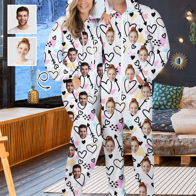 Custom Face Couple Onesie Jumpsuit Personalized White Heart Unisex One Piece Pajama Loungewear