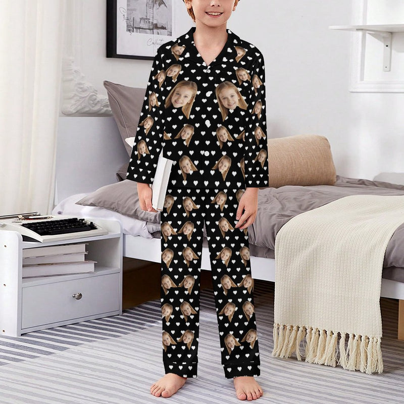 Custom Face Pajamas Set Personalized Black Family Matching Long Sleeve Button Pajama Set