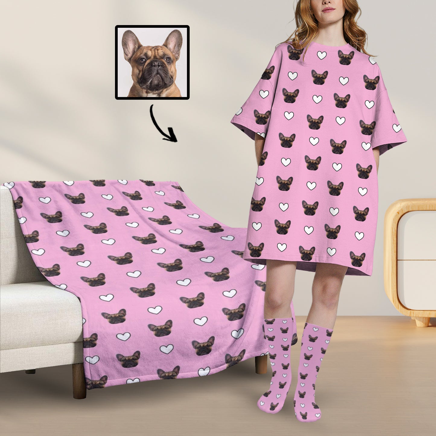 Custom Dog Face Pink Nightdress&Blanket&Socks Oversized Sleep Tee Personalized Women's Loose Sleepwear