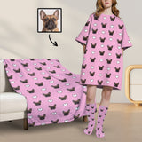 Custom Dog Face Pink Nightdress&Blanket&Socks Oversized Sleep Tee Personalized Women's Loose Sleepwear