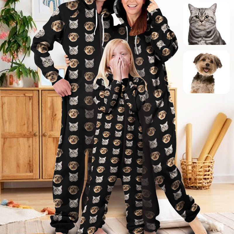 Custom Pet Face Unisex Hooded Onesie Jumpsuits With Pocket For Family Personalized Zip One-piece Pajamas