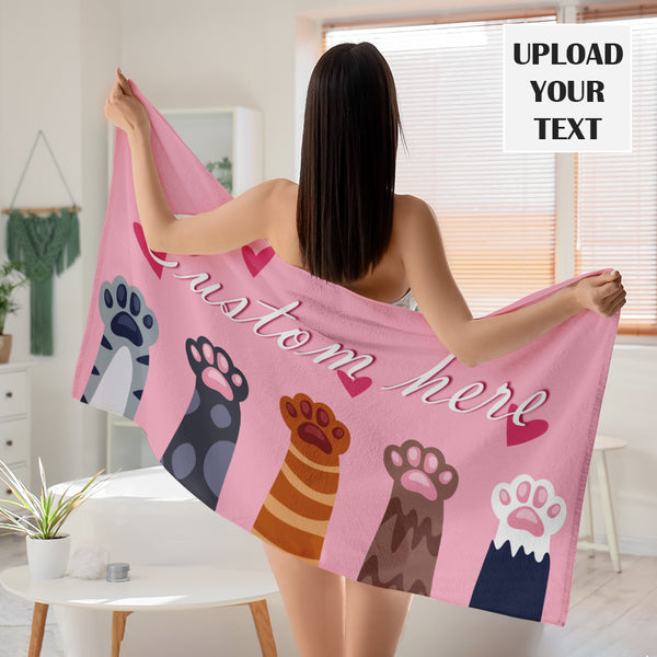 Personalized Text Pink Cat Paw Bath Towel